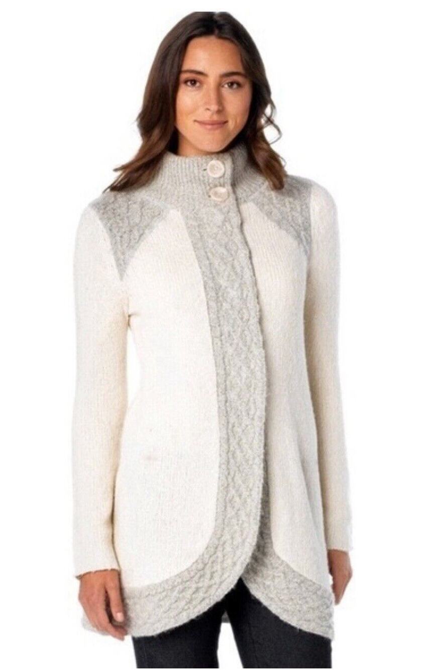 Prana Sz M Angelica Wool Blend Cream W/Gray Trim Large Snap Close 2 Btn Collar